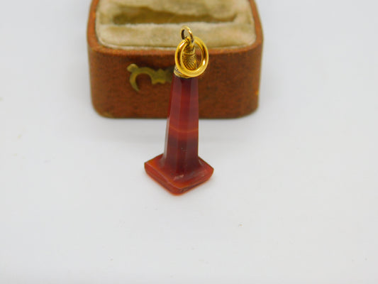 Victorian 9ct Gold & Carved Red Banded Agate Obelisk Fob Pendant c1860 Antique