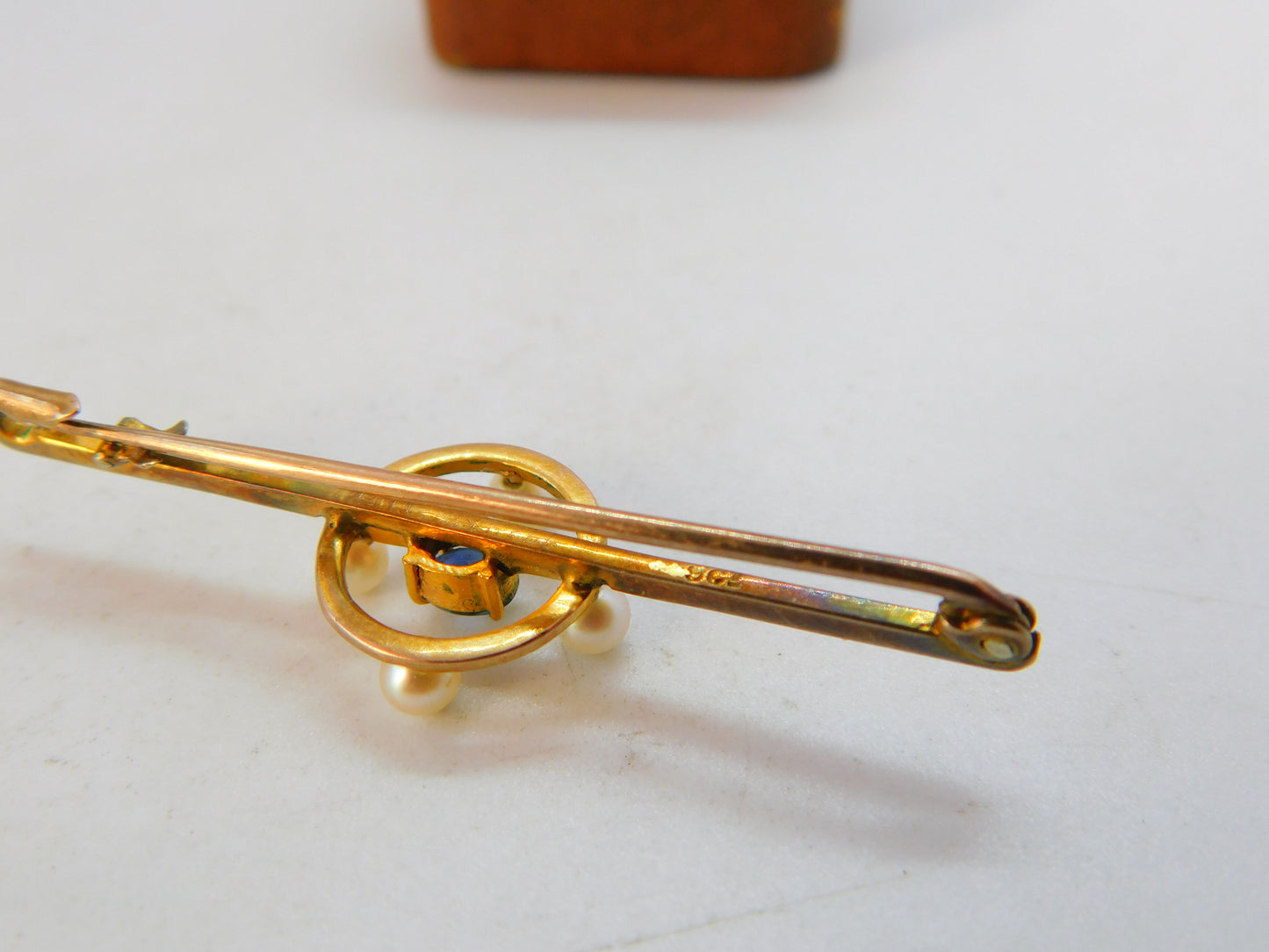 Edwardian 9ct Yellow Gold, Pearl & Sapphire Bar Brooch c1910 Antique