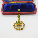 Edwardian 9ct Yellow Gold, Turquoise & Pearl Set Floral Drop Pendant c1910