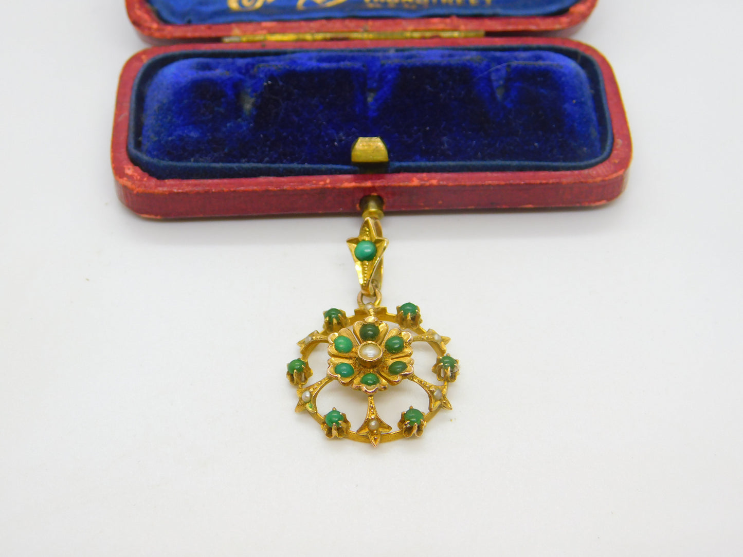 Edwardian 9ct Yellow Gold, Turquoise & Pearl Set Floral Drop Pendant c1910