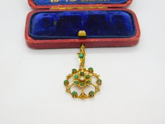 Edwardian 9ct Yellow Gold, Turquoise & Pearl Set Floral Drop Pendant c1910