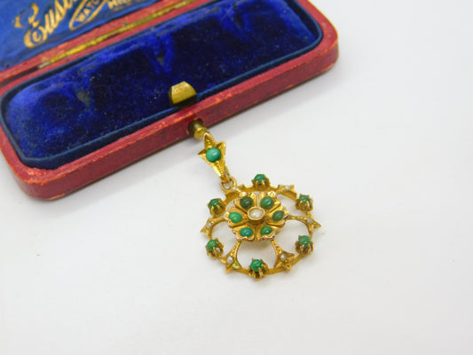 Edwardian 9ct Yellow Gold, Turquoise & Pearl Set Floral Drop Pendant c1910