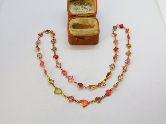 9ct Gold Modernist Multi Gemstone Set Necklace Vintage c1980 15.8" 40cm