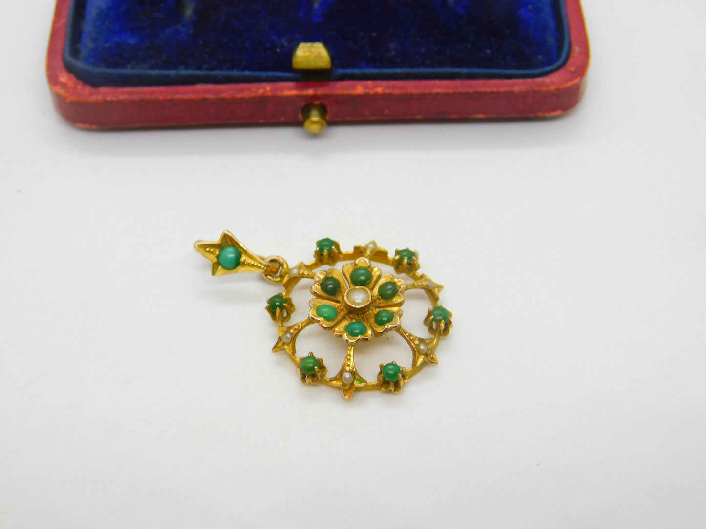 Edwardian 9ct Yellow Gold, Turquoise & Pearl Set Floral Drop Pendant c1910