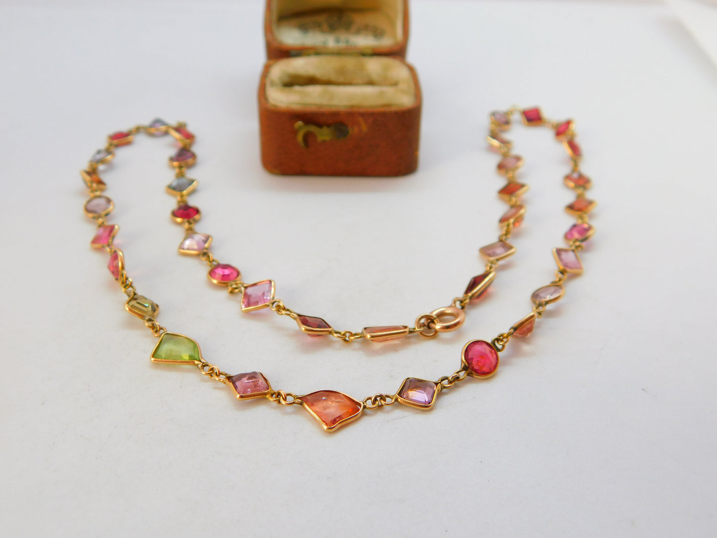 9ct Gold Modernist Multi Gemstone Set Necklace Vintage c1980 15.8" 40cm