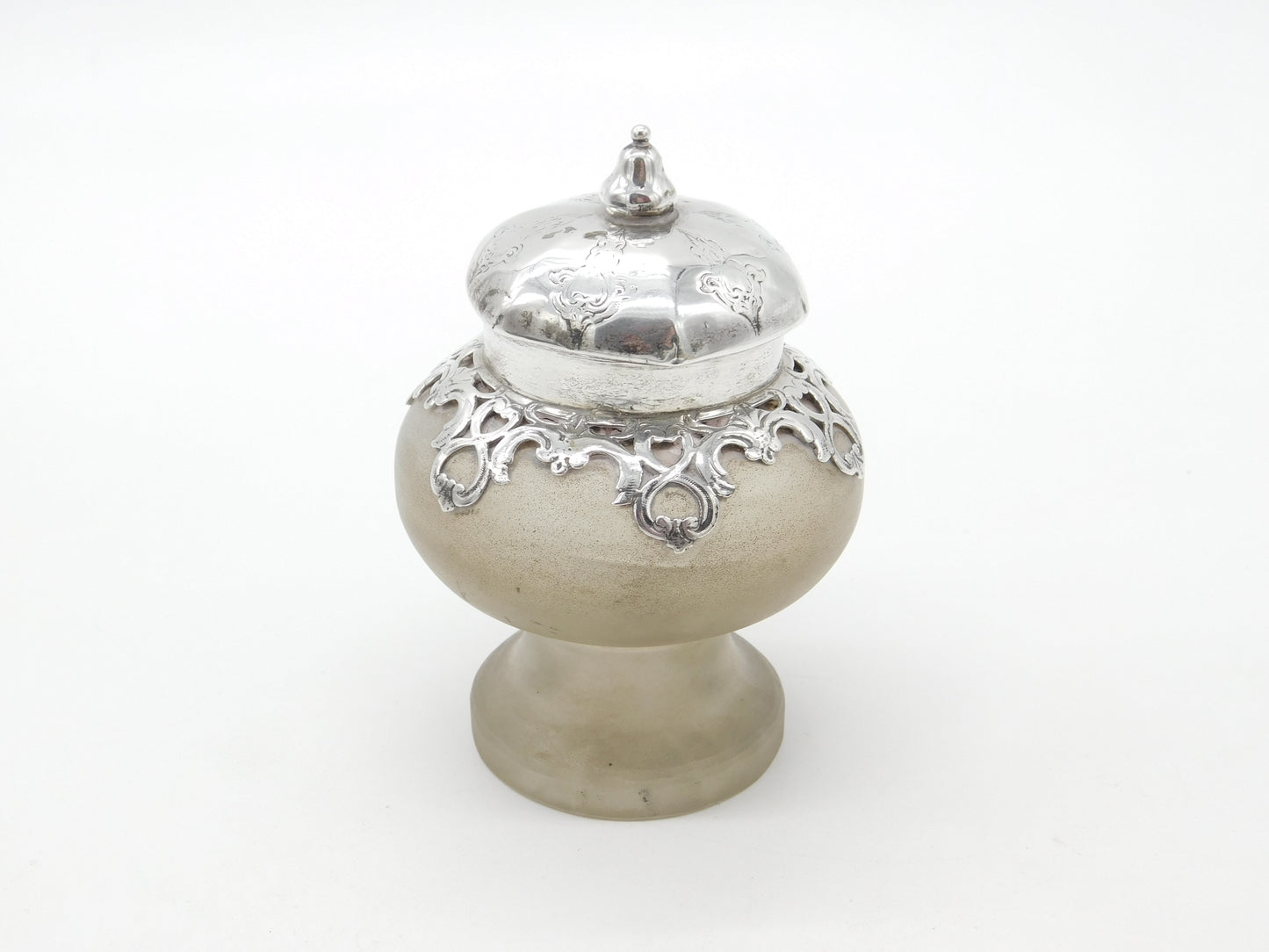 Victorian Sterling Silver Frosted Glass Ink Pot Antique 1850 London Charles Fox