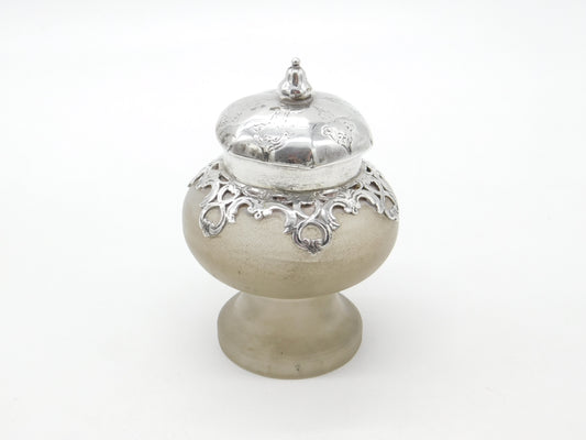 Victorian Sterling Silver Frosted Glass Ink Pot Antique 1850 London Charles Fox