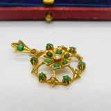 Edwardian 9ct Yellow Gold, Turquoise & Pearl Set Floral Drop Pendant c1910