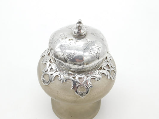 Victorian Sterling Silver Frosted Glass Ink Pot Antique 1850 London Charles Fox