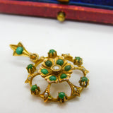 Edwardian 9ct Yellow Gold, Turquoise & Pearl Set Floral Drop Pendant c1910