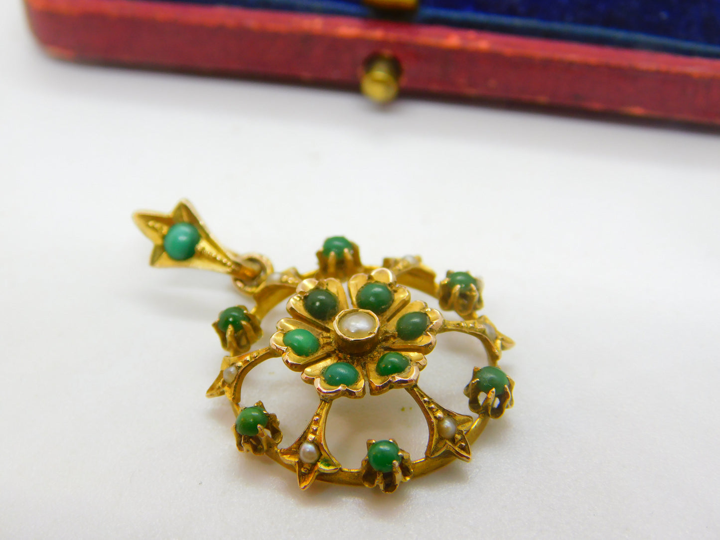 Edwardian 9ct Yellow Gold, Turquoise & Pearl Set Floral Drop Pendant c1910