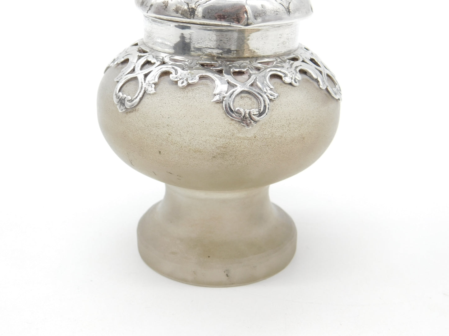 Victorian Sterling Silver Frosted Glass Ink Pot Antique 1850 London Charles Fox