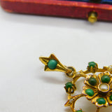 Edwardian 9ct Yellow Gold, Turquoise & Pearl Set Floral Drop Pendant c1910
