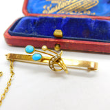 Edwardian 15ct Yellow Gold, Seed Pearl & Turquoise Floral Brooch c1910 Antique