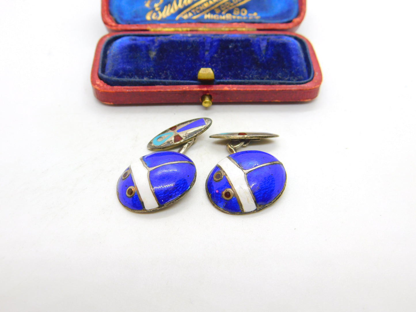 Egyptian Sterling Silver Colourful Enamel Scarab Beetle Cufflinks c1920 Antique