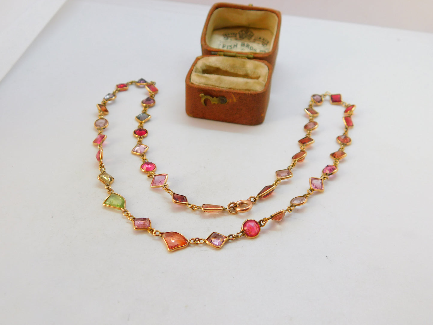 9ct Gold Modernist Multi Gemstone Set Necklace Vintage c1980 15.8" 40cm