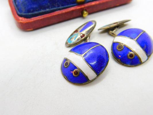 Egyptian Sterling Silver Colourful Enamel Scarab Beetle Cufflinks c1920 Antique