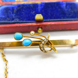 Edwardian 15ct Yellow Gold, Seed Pearl & Turquoise Floral Brooch c1910 Antique