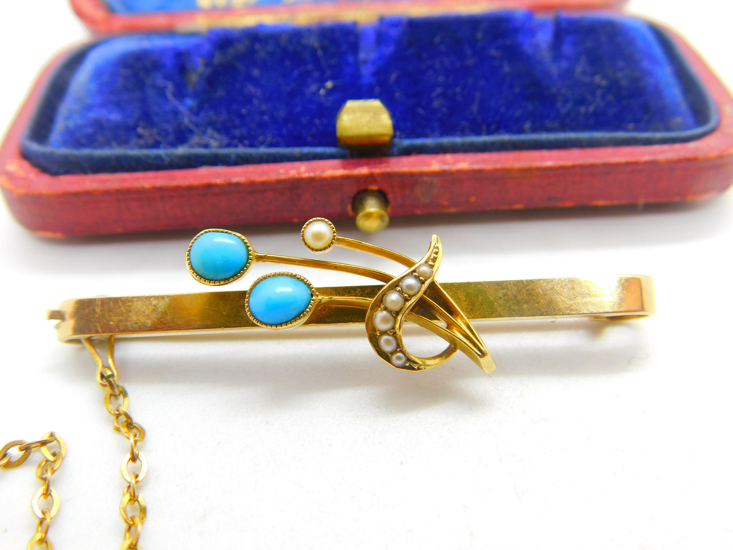 Edwardian 15ct Yellow Gold, Seed Pearl & Turquoise Floral Brooch c1910 Antique