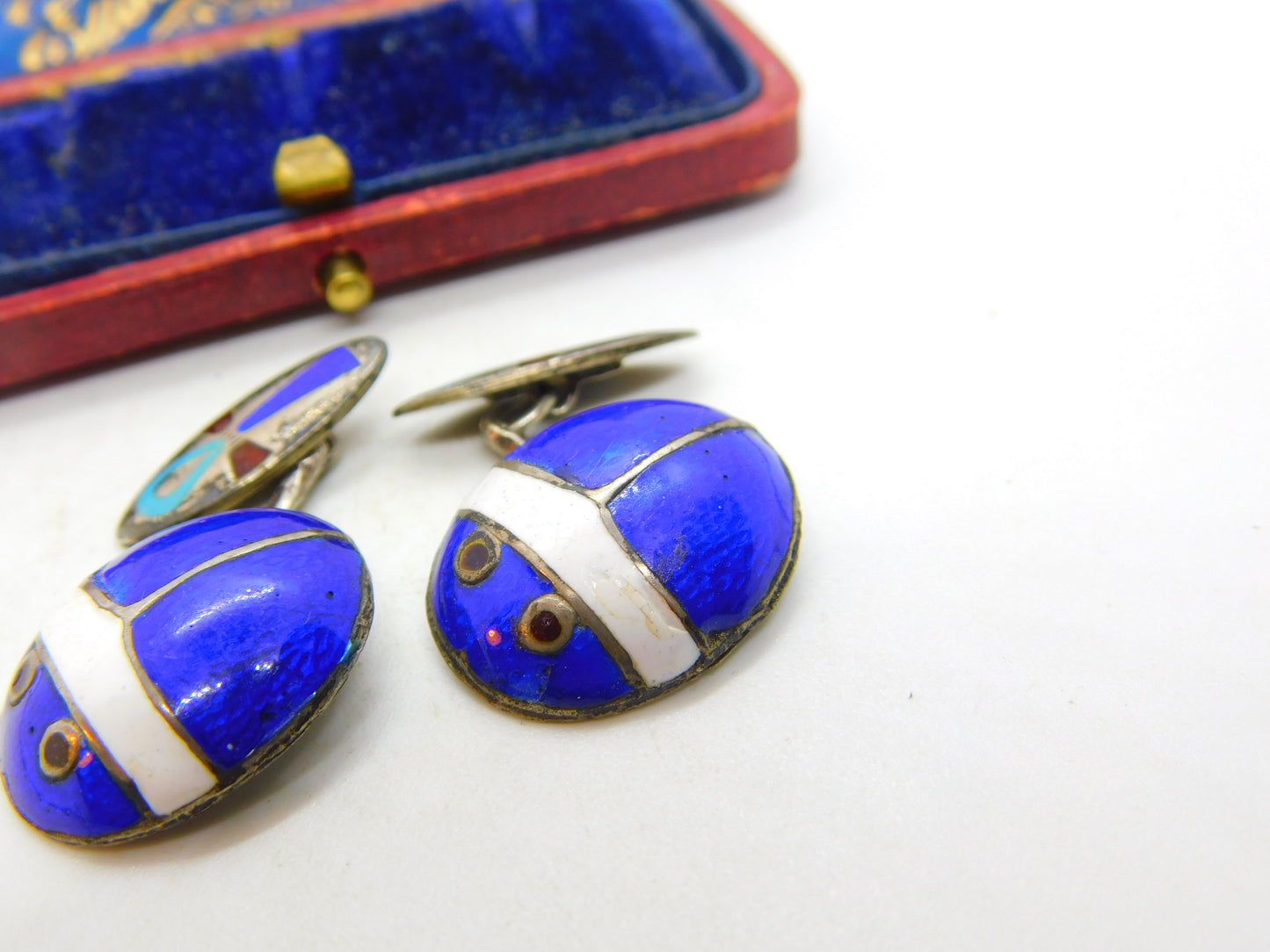 Egyptian Sterling Silver Colourful Enamel Scarab Beetle Cufflinks c1920 Antique