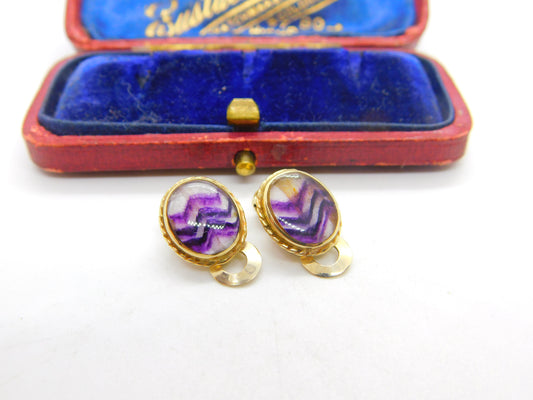 Pair of 9ct Yellow Gold & Derbyshire Blue John Clip-On Earrings 1996 Sheffield