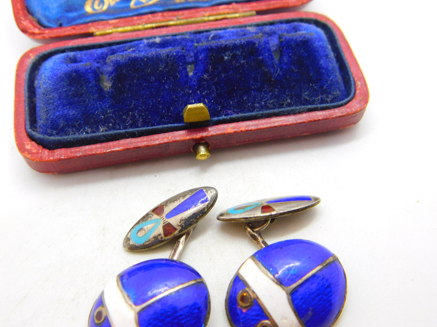 Egyptian Sterling Silver Colourful Enamel Scarab Beetle Cufflinks c1920 Antique