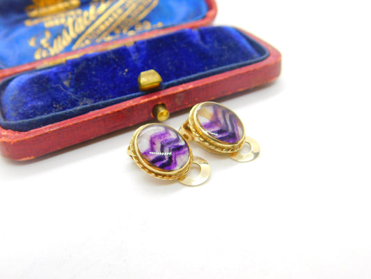 Pair of 9ct Yellow Gold & Derbyshire Blue John Clip-On Earrings 1996 Sheffield