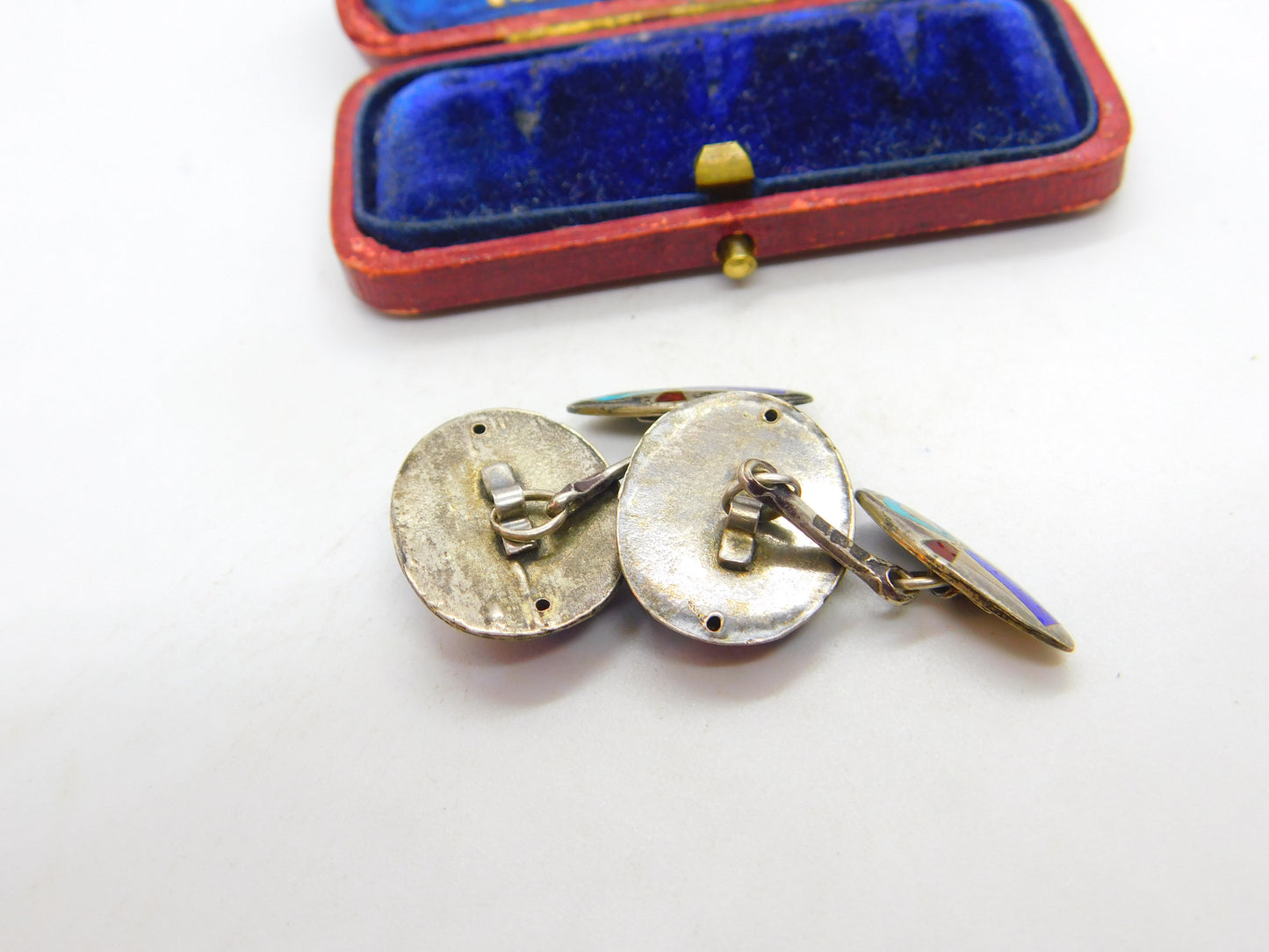 Egyptian Sterling Silver Colourful Enamel Scarab Beetle Cufflinks c1920 Antique