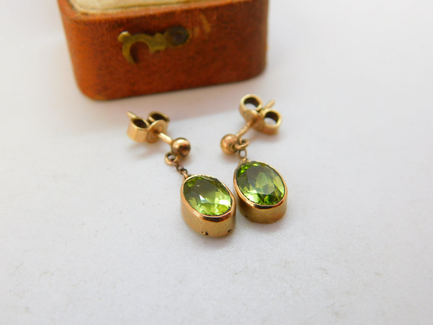 Edwardian 9ct Rose Gold & Peridot Set Drop Stud Earrings c1910 Antique