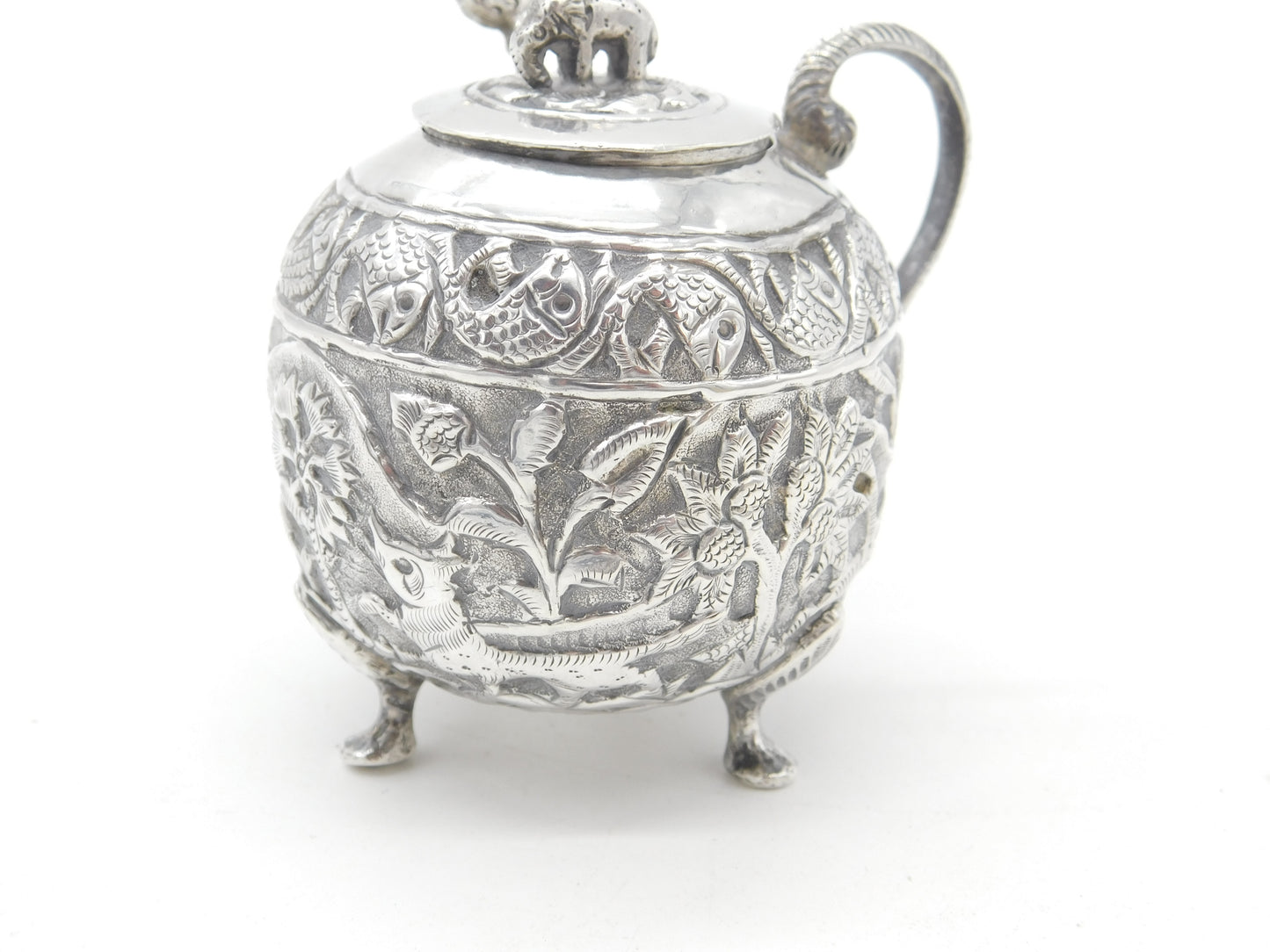 Anglo-Indian Sterling Silver Spice Pot Elephant, Chicken, Snake Antique c1910