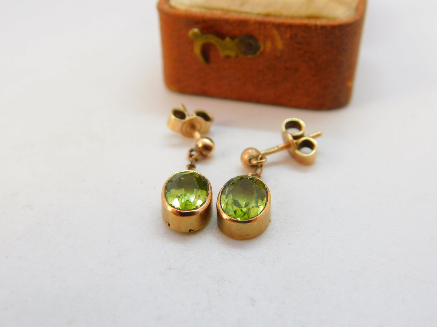 Edwardian 9ct Rose Gold & Peridot Set Drop Stud Earrings c1910 Antique