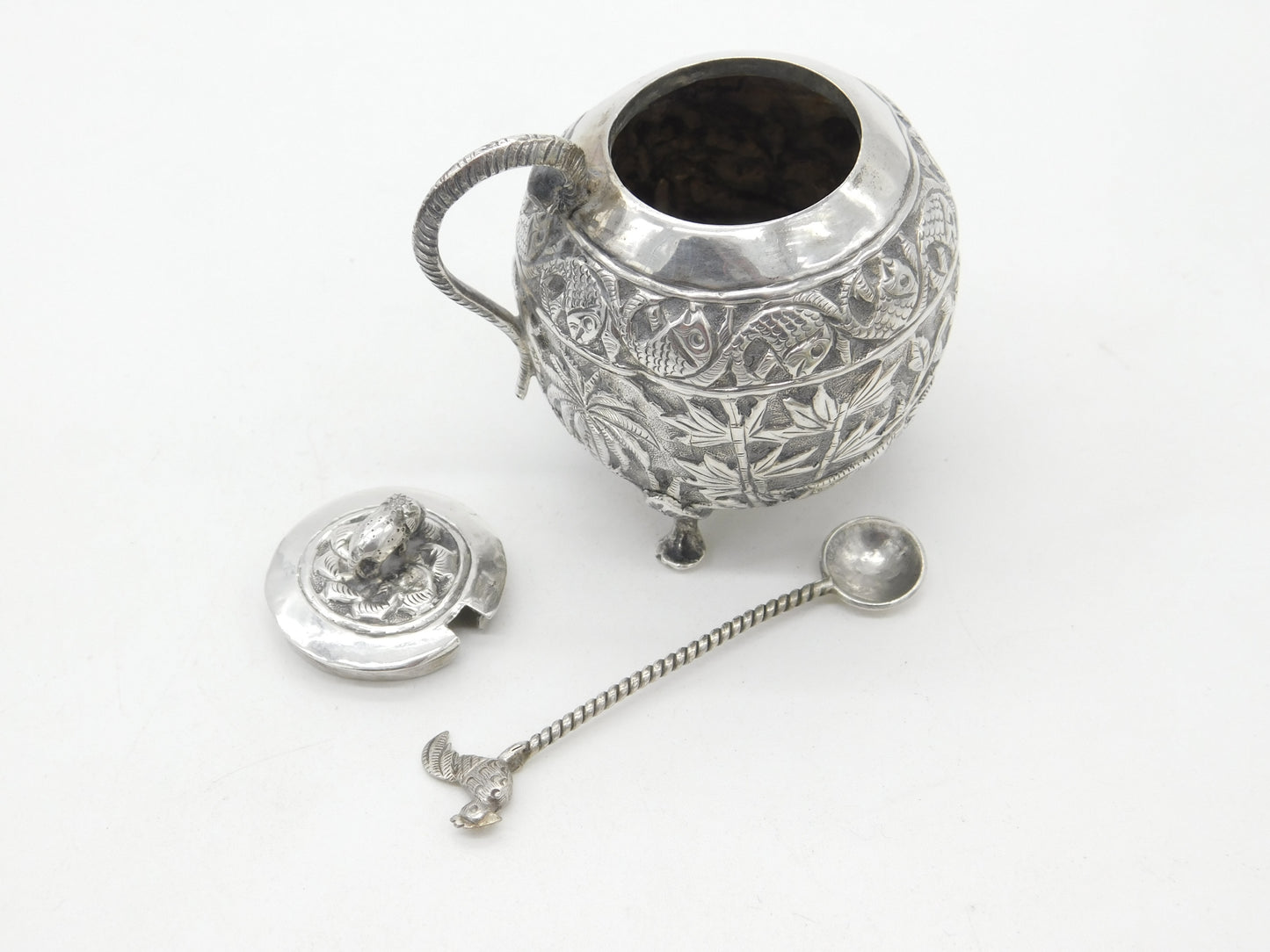 Anglo-Indian Sterling Silver Spice Pot Elephant, Chicken, Snake Antique c1910