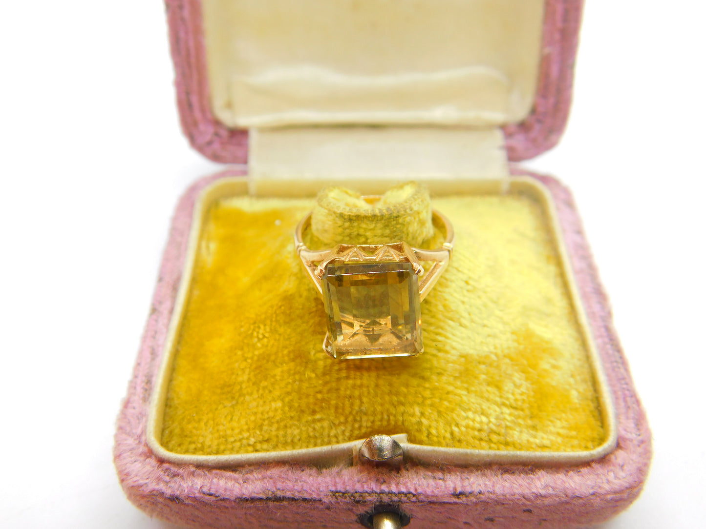 9ct Yellow Gold & Emerald Cut Citrine Set Cocktail Ring Vintage c1970