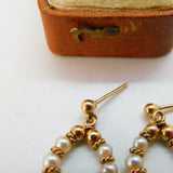 9ct Yellow Gold Pearl Set Modernist Drop Earrings 1982 Birmingham Vintage