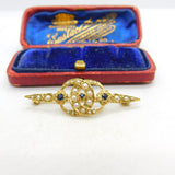 9ct Yellow Gold Victorian Style Seed Pearl & Sapphire Sweetheart Brooch 1982