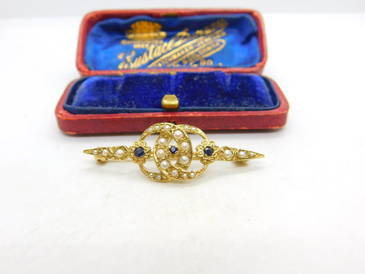 9ct Yellow Gold Victorian Style Seed Pearl & Sapphire Sweetheart Brooch 1982