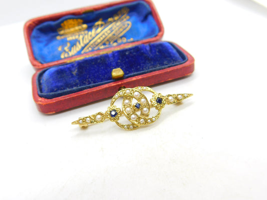 9ct Yellow Gold Victorian Style Seed Pearl & Sapphire Sweetheart Brooch 1982