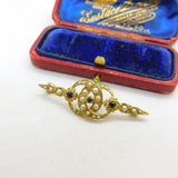 9ct Yellow Gold Victorian Style Seed Pearl & Sapphire Sweetheart Brooch 1982