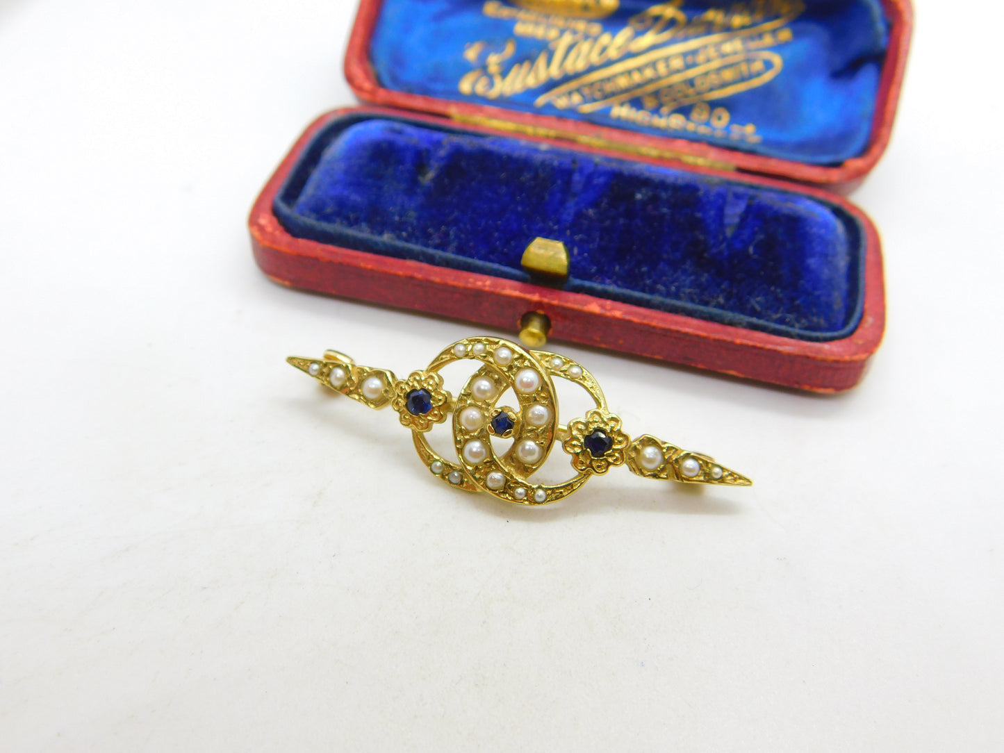 9ct Yellow Gold Victorian Style Seed Pearl & Sapphire Sweetheart Brooch 1982