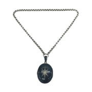 Victorian Sterling Silver & Black Enamel Mourning Locket Necklace Antique c1880s