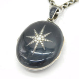 Victorian Sterling Silver & Black Enamel Mourning Locket Necklace Antique c1880s