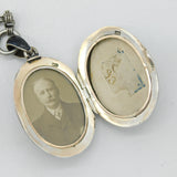 Victorian Sterling Silver & Black Enamel Mourning Locket Necklace Antique c1880s