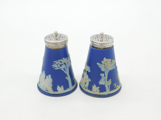 Pair of Edwardian Sterling Silver & Wedgwood Jasperware Shakers Antique 1904