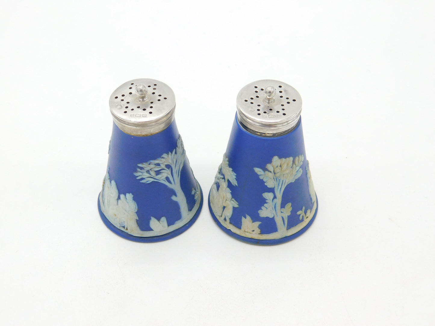 Pair of Edwardian Sterling Silver & Wedgwood Jasperware Shakers Antique 1904