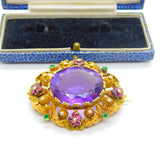 Georgian Cannetille 22ct Gold Amethyst, Ruby, Emerald & Pearl Statement Brooch c1820 Regency