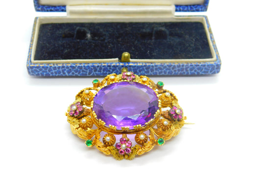 Georgian Cannetille 22ct Gold Amethyst, Ruby, Emerald & Pearl Statement Brooch c1820 Regency