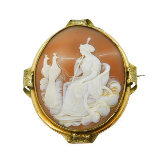 Victorian Large Rolled Gold Carved Shell Cameo Hera with Peacocks Antique c1850