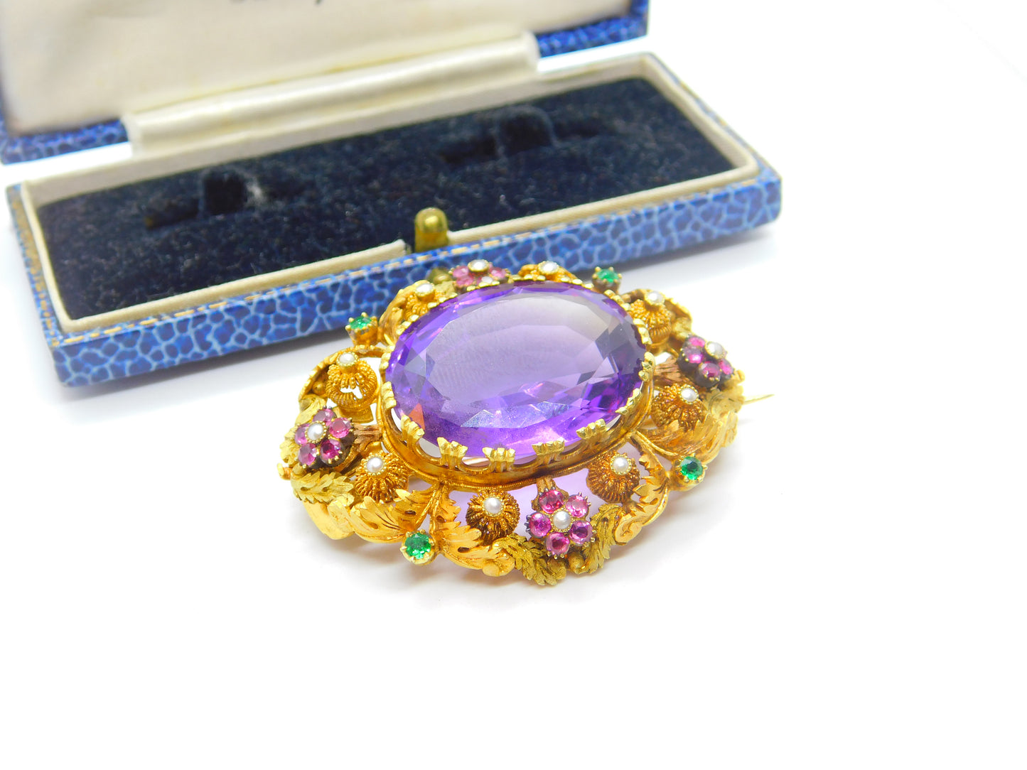 Georgian Cannetille 22ct Gold Amethyst, Ruby, Emerald & Pearl Statement Brooch c1820 Regency