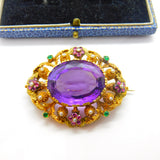 Georgian Cannetille 22ct Gold Amethyst, Ruby, Emerald & Pearl Statement Brooch c1820 Regency
