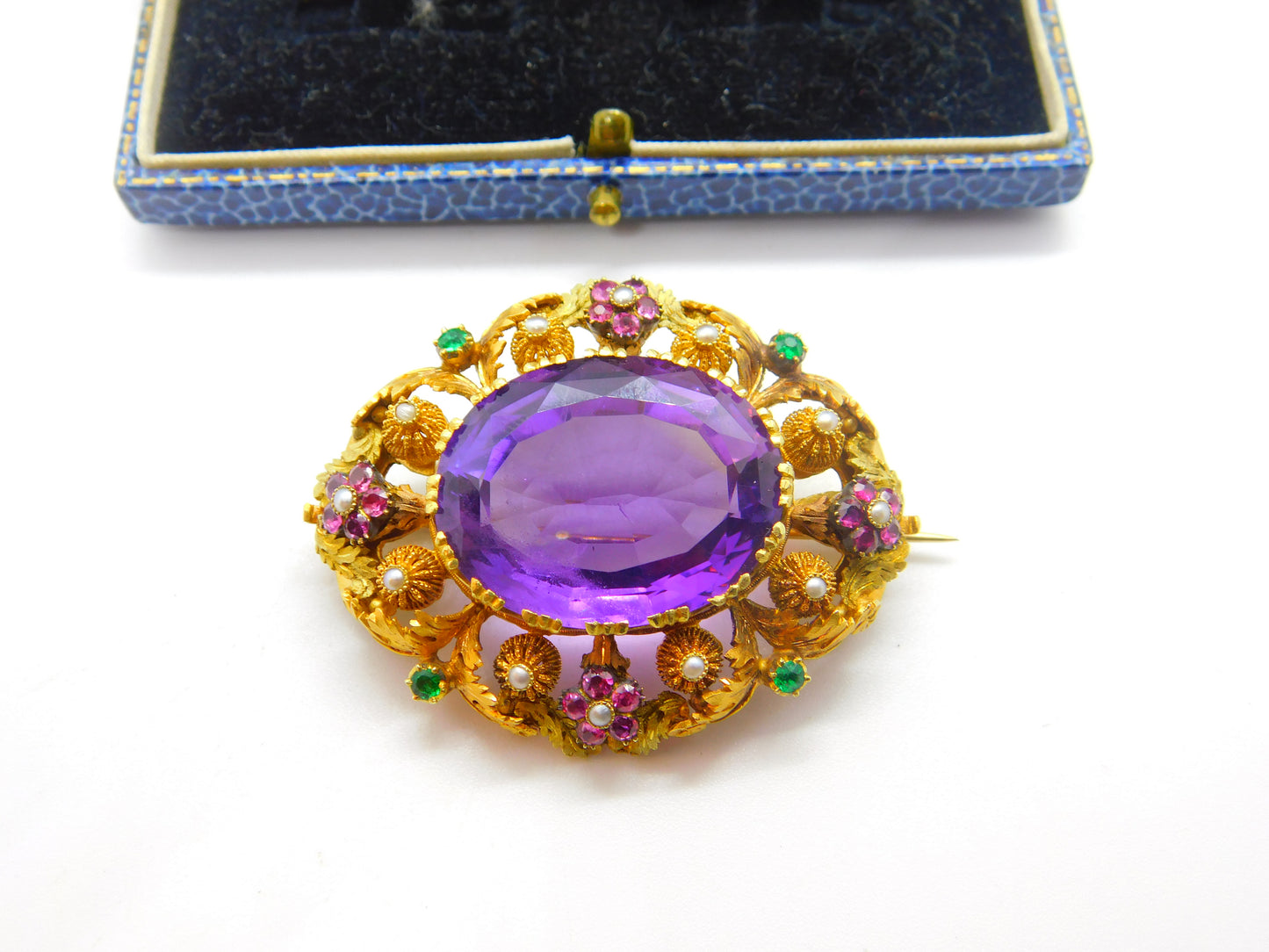 Georgian Cannetille 22ct Gold Amethyst, Ruby, Emerald & Pearl Statement Brooch c1820 Regency